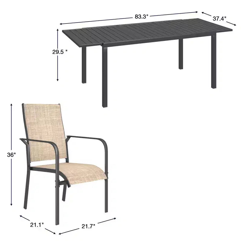 EROMMY Ensemble de salle à manger 7 pièces avec table extensible, ensemble de table et chaises de salle à manger d'extérieur pour 4 à 8 personnes, 6 chaises en textilène, 1 table de salle à manger extensible en fer