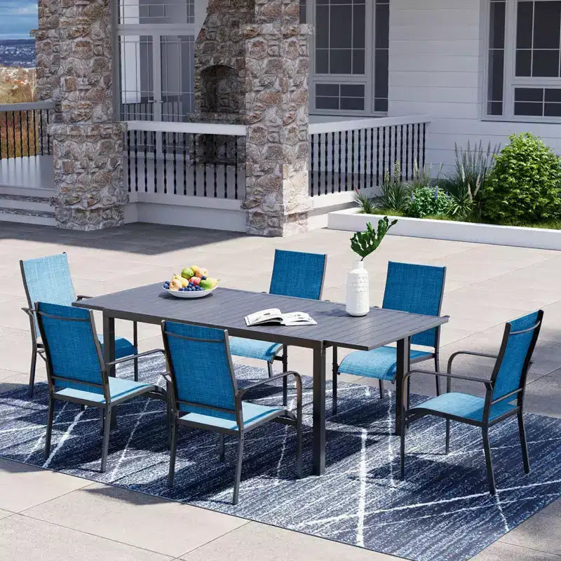 EROMMY Ensemble de salle à manger 7 pièces avec table extensible, ensemble de table et chaises de salle à manger d'extérieur pour 4 à 8 personnes, 6 chaises en textilène, 1 table de salle à manger extensible en fer
