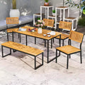 Costway 6 PCS Outdoor Acacia Wood Dining Set with Bench and 2 Umbrella Hole Outdoor Patio