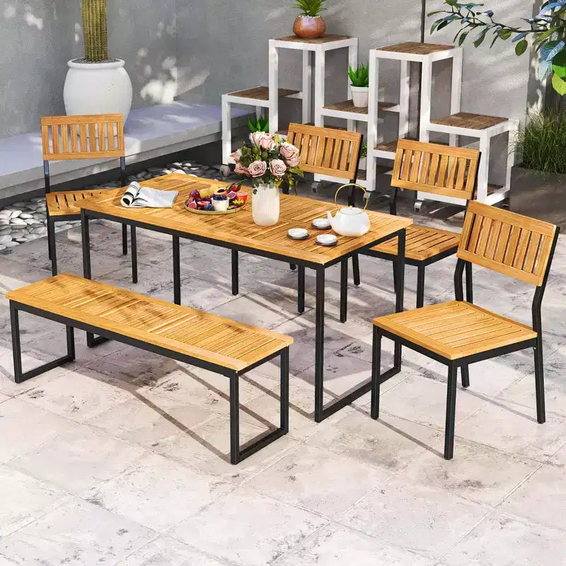Costway 6 PCS Outdoor Acacia Wood Dining Set with Bench and 2 Umbrella Hole Outdoor Patio