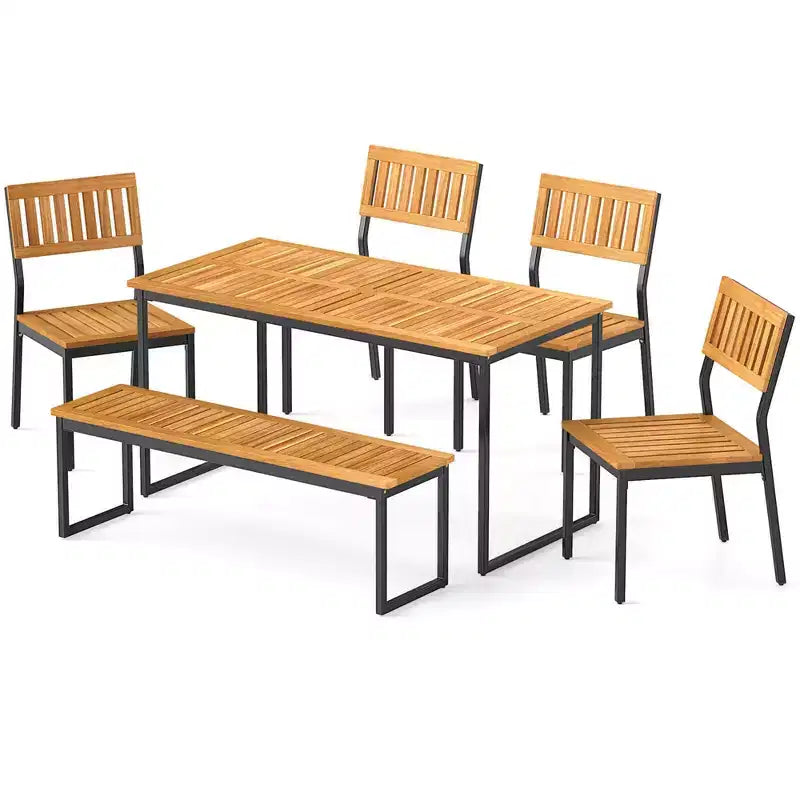 Ensemble de salle à manger d'extérieur Costway 6 pièces en bois d'acacia avec banc et 2 trous pour parasol