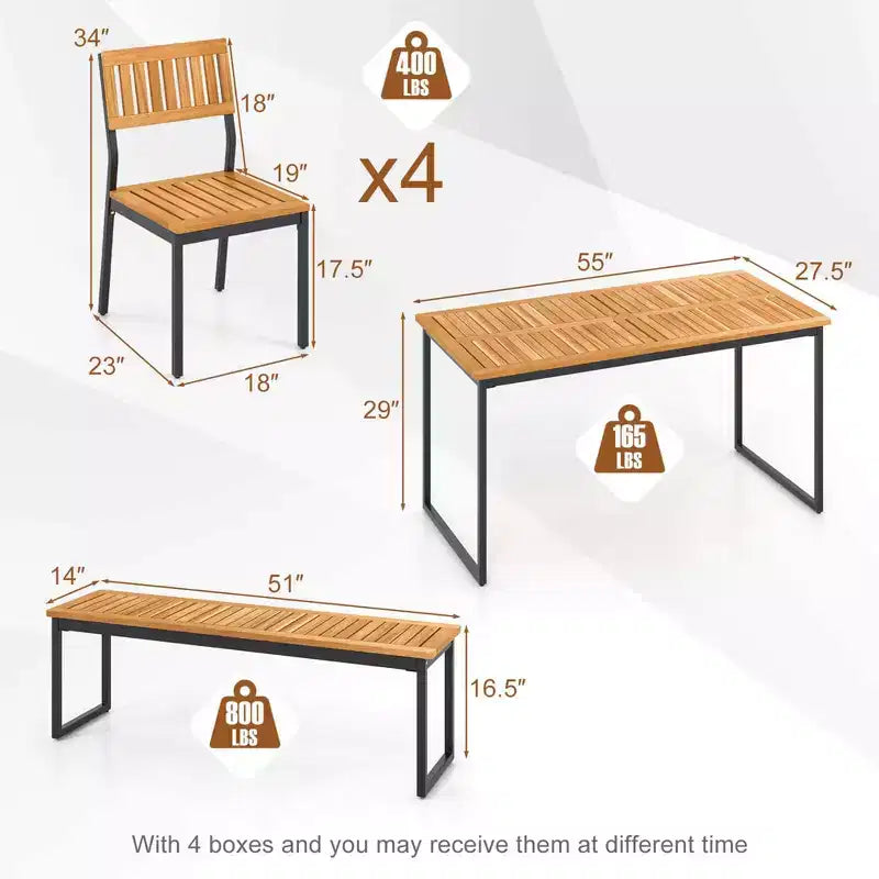 Ensemble de salle à manger d'extérieur Costway 6 pièces en bois d'acacia avec banc et 2 trous pour parasol