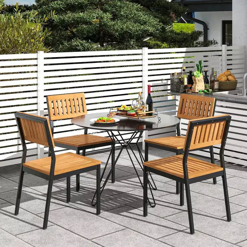 Ensemble de salle à manger d'extérieur Costway 6 pièces en bois d'acacia avec banc et 2 trous pour parasol