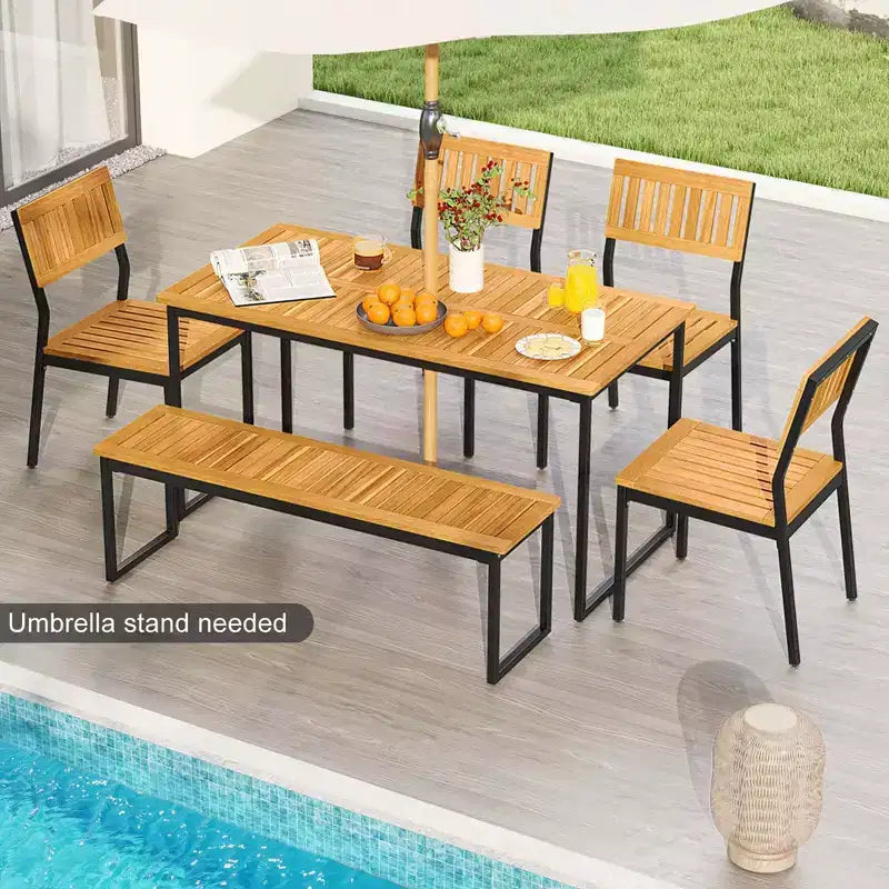 Ensemble de salle à manger d'extérieur Costway 6 pièces en bois d'acacia avec banc et 2 trous pour parasol