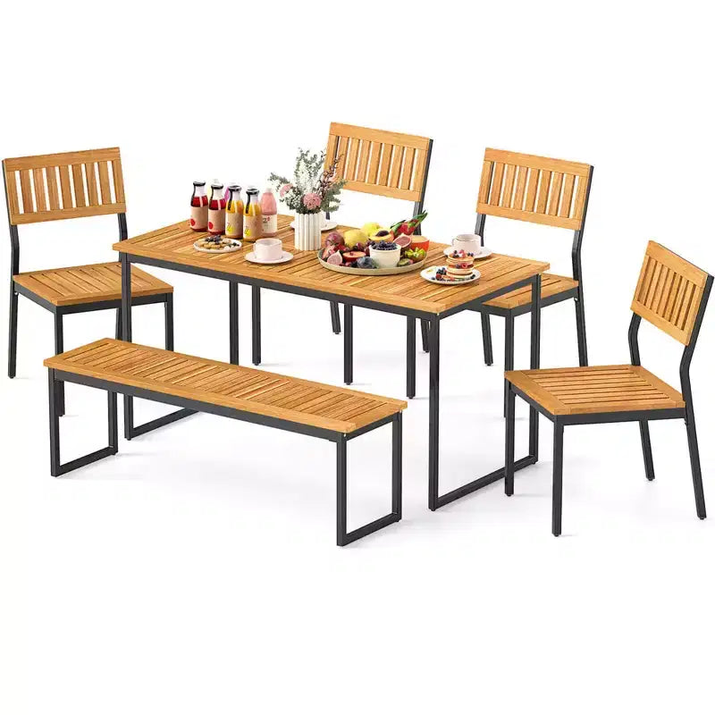 Ensemble de salle à manger d'extérieur Costway 6 pièces en bois d'acacia avec banc et 2 trous pour parasol
