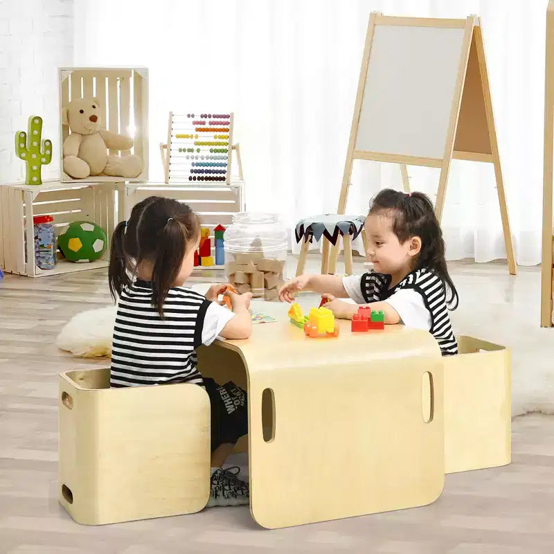 Costway Ensemble table et 2 chaises en bois pour enfants, mobilier polyvalent pour la maison, naturel/gris