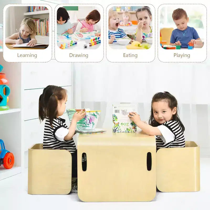 Costway Ensemble table et 2 chaises en bois pour enfants, mobilier polyvalent pour la maison, naturel/gris