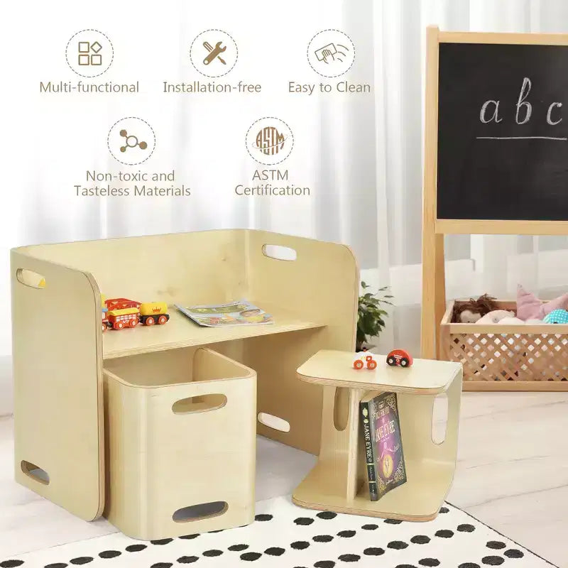 Costway Ensemble table et 2 chaises en bois pour enfants, mobilier polyvalent pour la maison, naturel/gris