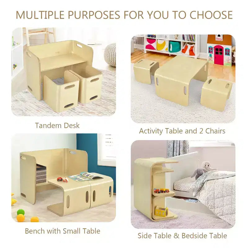 Costway Ensemble table et 2 chaises en bois pour enfants, mobilier polyvalent pour la maison, naturel/gris