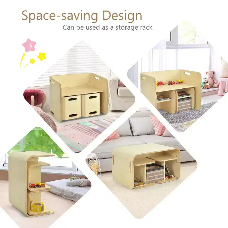 Costway Ensemble table et 2 chaises en bois pour enfants, mobilier polyvalent pour la maison, naturel/gris