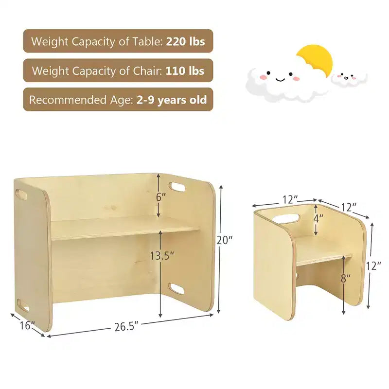 Costway Ensemble table et 2 chaises en bois pour enfants, mobilier polyvalent pour la maison, naturel/gris