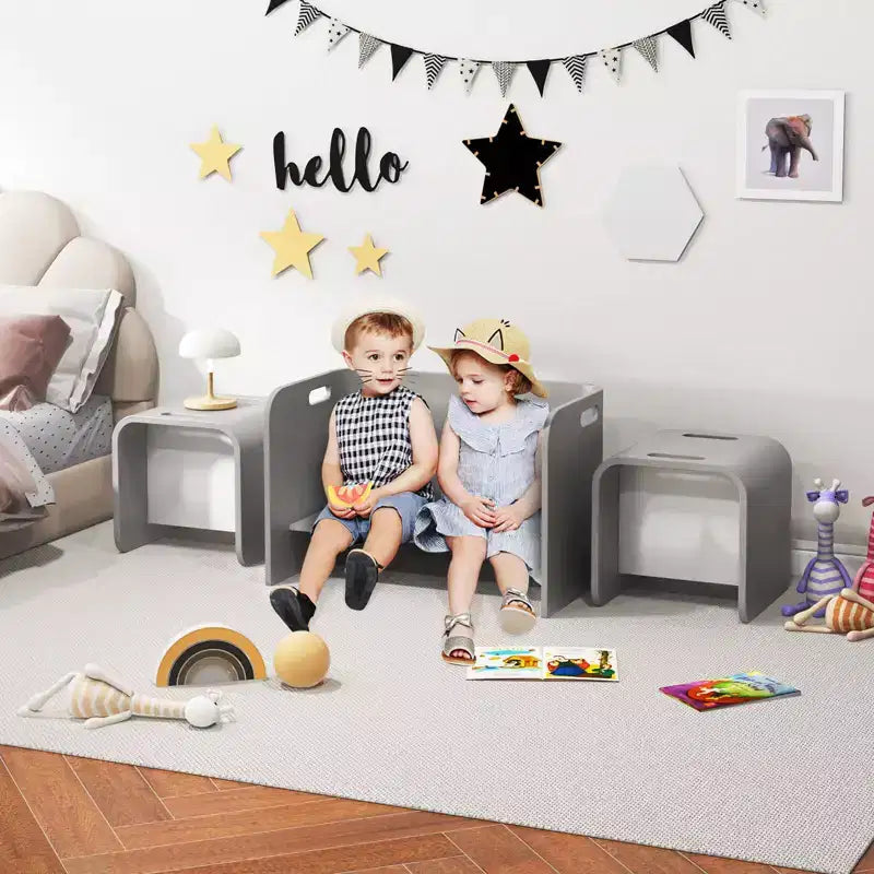 Costway Ensemble table et 2 chaises en bois pour enfants, mobilier polyvalent pour la maison, naturel/gris