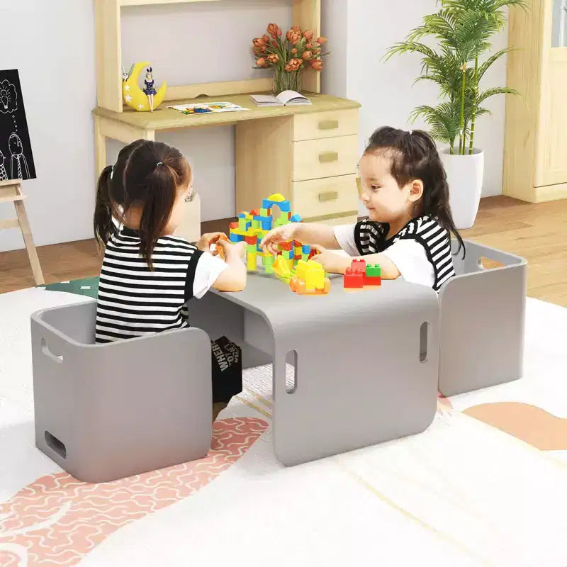 Costway Ensemble table et 2 chaises en bois pour enfants, mobilier polyvalent pour la maison, naturel/gris