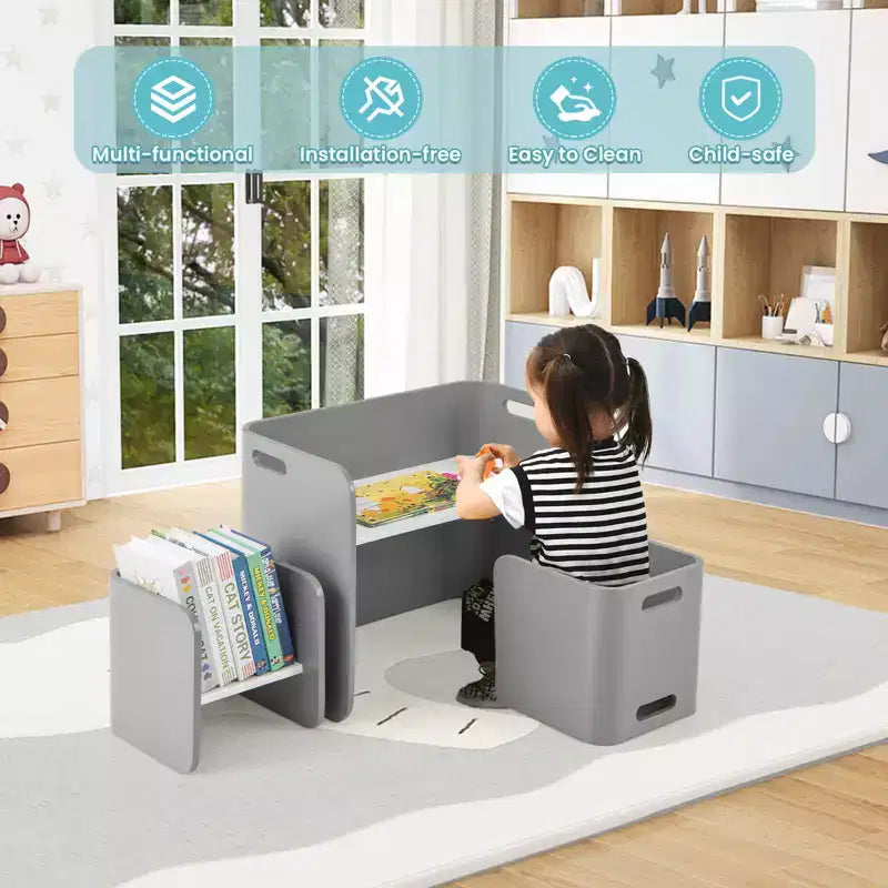 Costway Ensemble table et 2 chaises en bois pour enfants, mobilier polyvalent pour la maison, naturel/gris