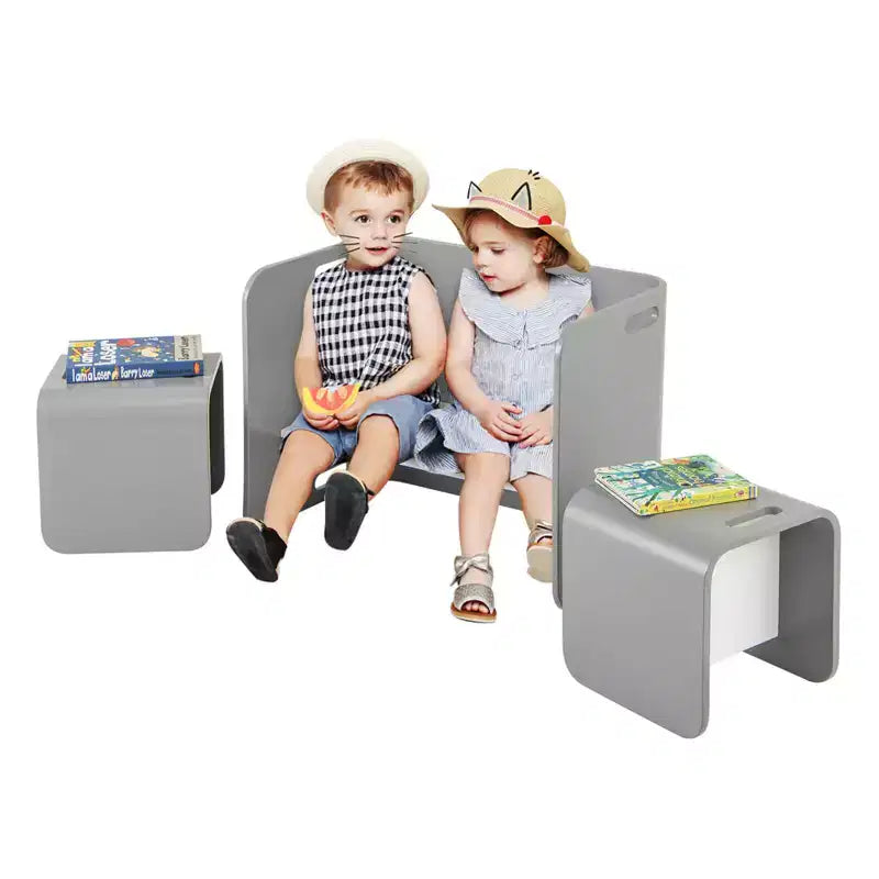 Costway 3 PCS Kids Wooden Table & Chair Set Children Multipurpose Homeschool Furniture Natural/Gray
