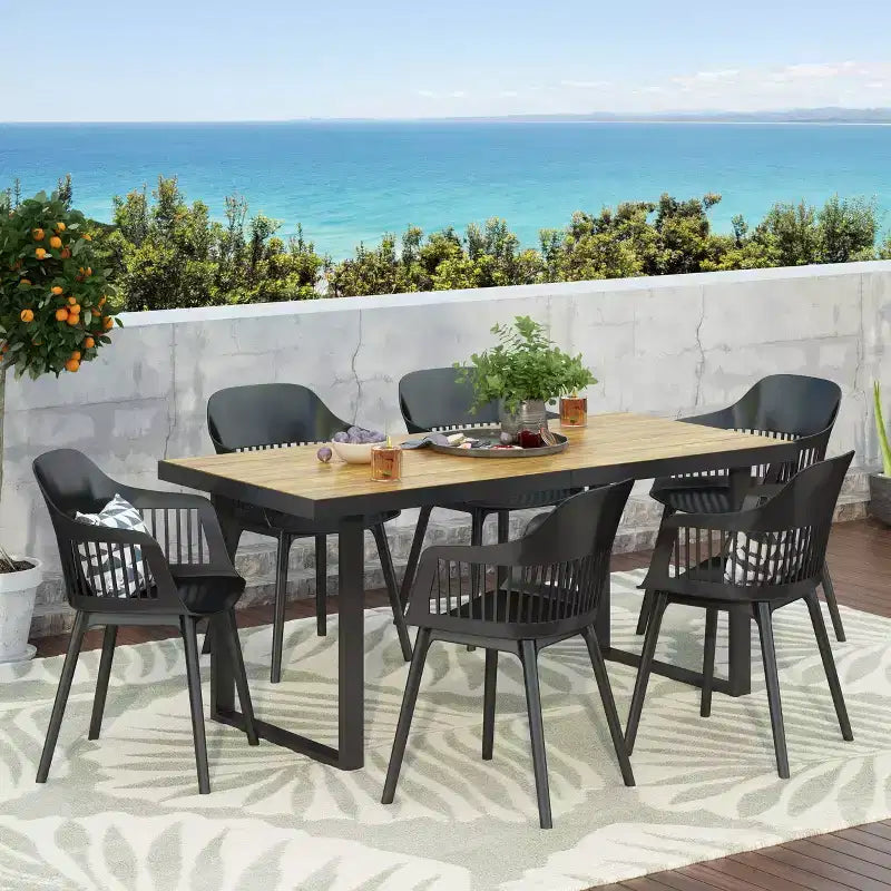 Christopher Knight Home Requeta Outdoor Acacia Wood and Resin 7 Piece Dining Set with 70.25 Dining Table, Black/Teak