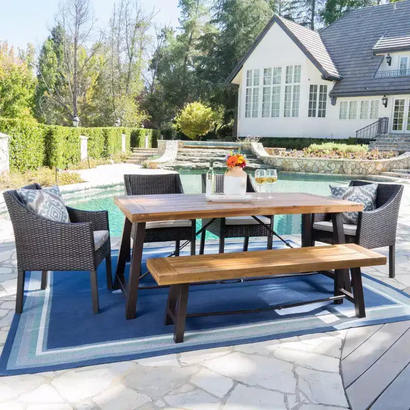 Christopher Knight Home Boland Outdoor Wicker and Acacia Wood 6 Piece Dining Set with Bench, Teak/Multibrown