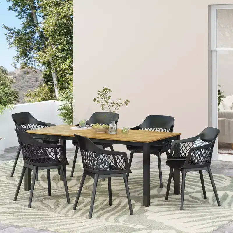 GDFStudio Miramar Outdoor 7 Piece Polypropylene Resin and Acacia Wood Dining Set with 70 Table, Black and Teak