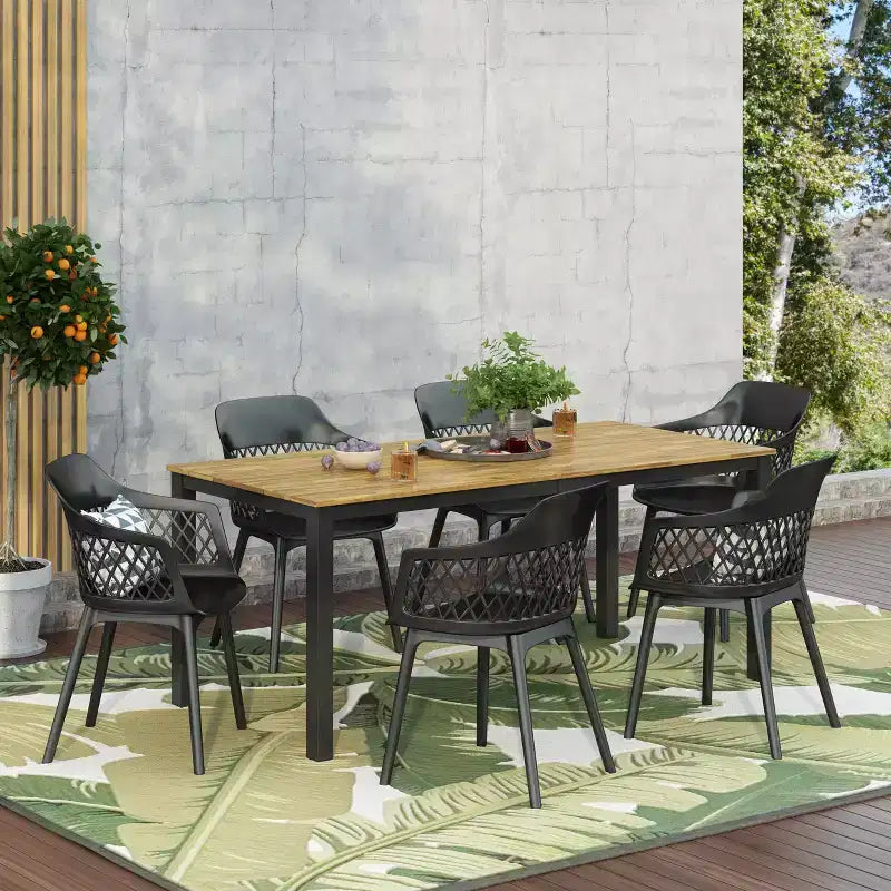 GDFStudio Miramar – Ensemble de salle à manger d'extérieur 7 pièces en résine de polypropylène et bois d'acacia avec table de 70 po, noir et teck