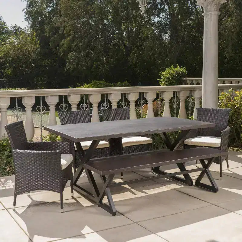 Ensemble de salle à manger d'extérieur 6 pièces Christopher Knight Home Absher en osier et aluminium avec banc