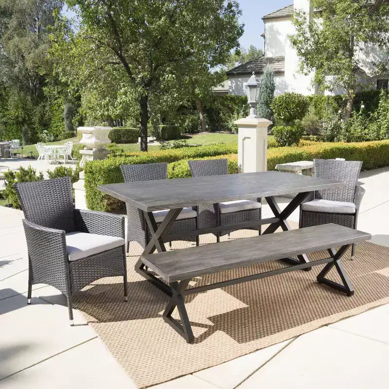 Ensemble de salle à manger d'extérieur 6 pièces Christopher Knight Home Absher en osier et aluminium avec banc