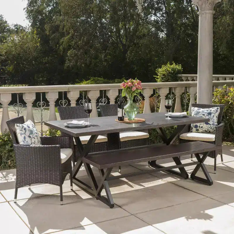 Ensemble de salle à manger d'extérieur 6 pièces Christopher Knight Home Absher en osier et aluminium avec banc