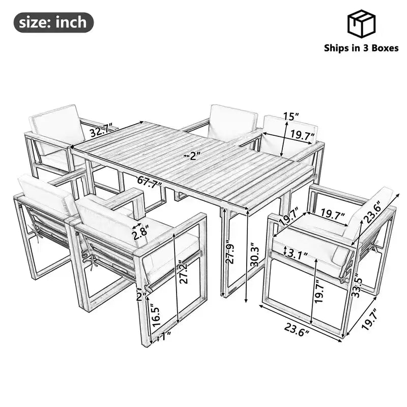 Whisen Ensemble de salle à manger d'extérieur 7 pièces Table et chaises de patio avec coussins amovibles