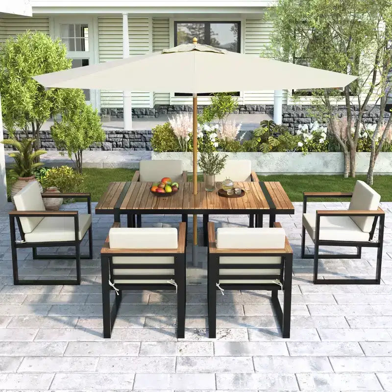 Whisen Ensemble de salle à manger d'extérieur 7 pièces Table et chaises de patio avec coussins amovibles