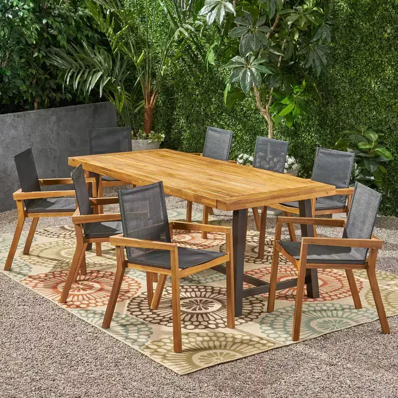 Christopher Knight Home Claude Ensemble repas d'extérieur 9 pièces en maille et bois d'acacia avec table à manger de 79 po
