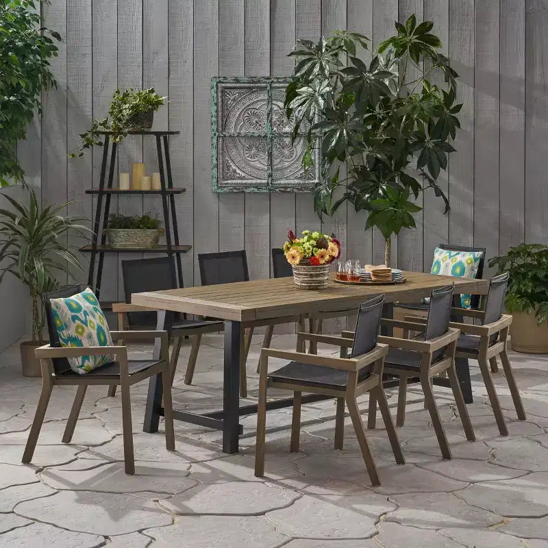 Christopher Knight Home Claude Outdoor Mesh and Acacia Wood 9 Piece Dining Set with 79 Dining Table