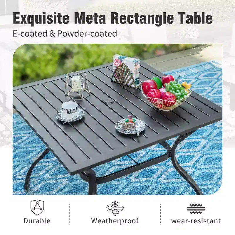Ensemble de salle à manger d'extérieur Captiva Designs avec table en acier à lattes et chaises en métal avec coussins
