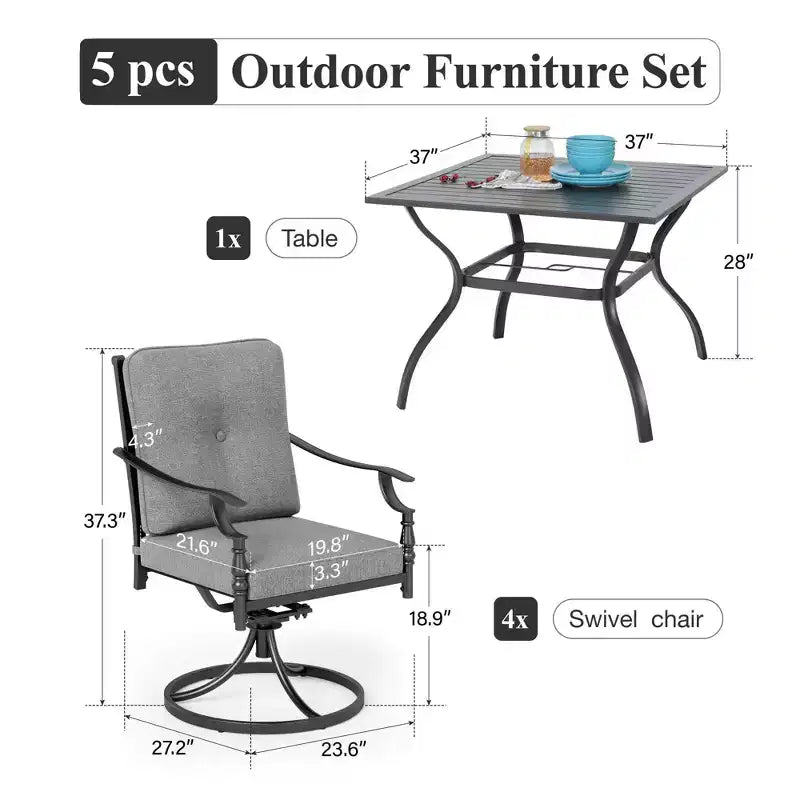 Ensemble de salle à manger d'extérieur Captiva Designs avec table en acier à lattes et chaises en métal avec coussins