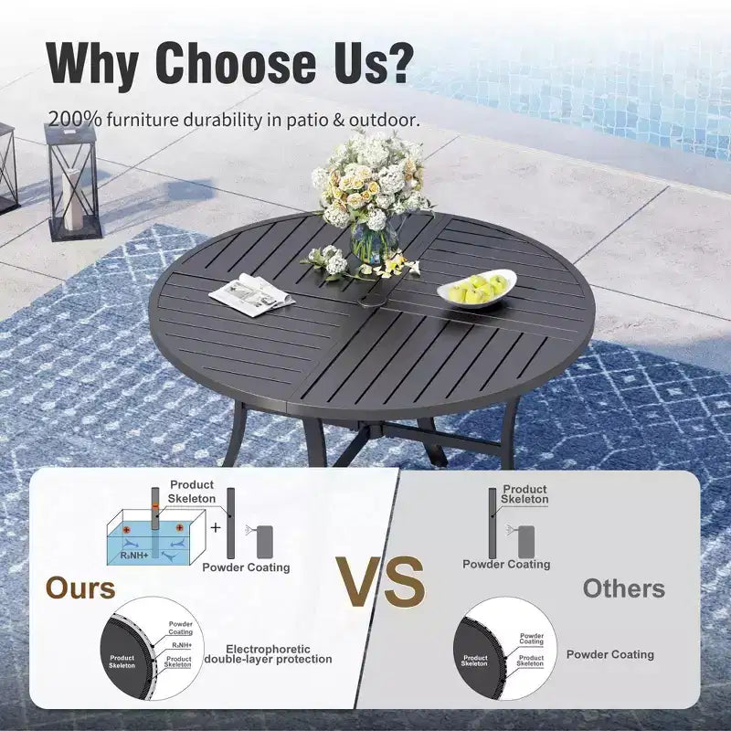 Ensemble de salle à manger d'extérieur Captiva Designs avec table en acier à lattes et chaises en métal avec coussins