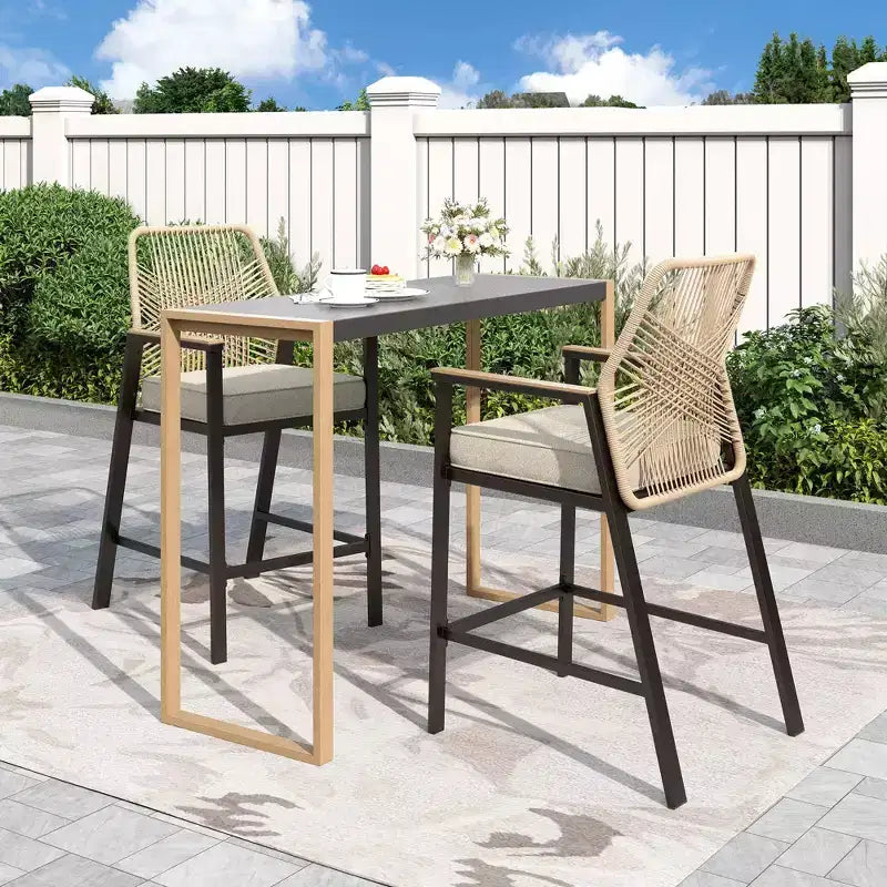 Captiva Designs Outdoor Patio Dining Bar Set with Steel Bar Table & Rattan Bar Stools with Cushions