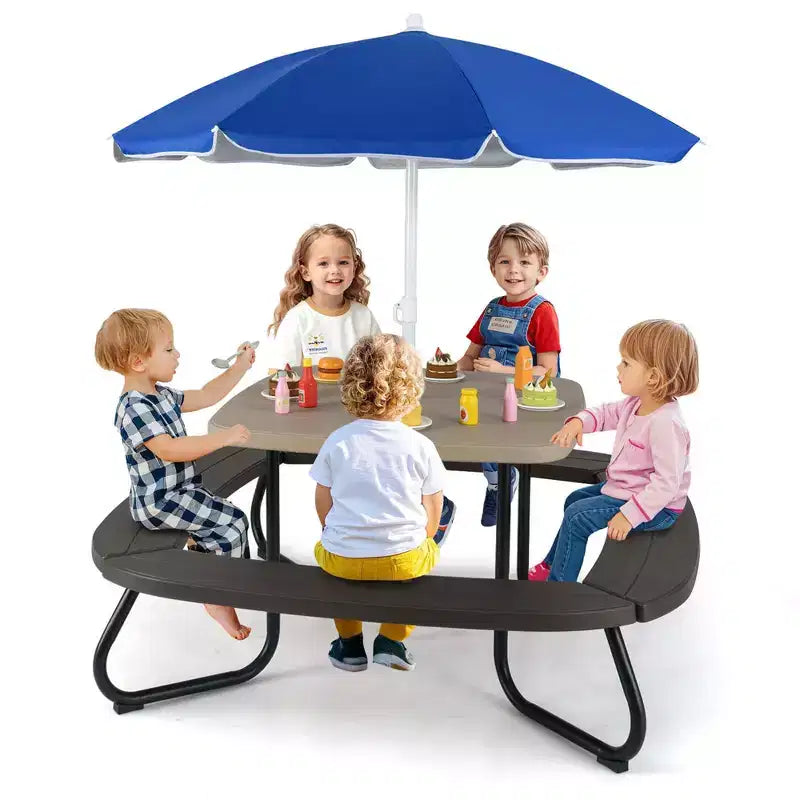 Table de pique-nique pour enfants Costway avec parasol réglable et pliable Bleu/Blanc/Marron