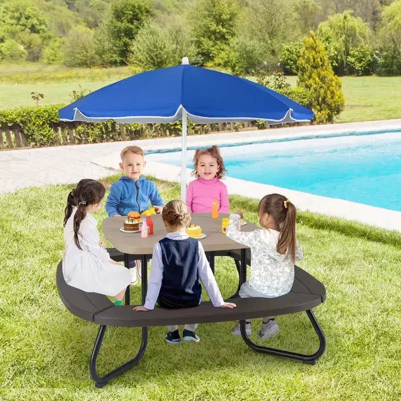 Table de pique-nique pour enfants Costway avec parasol réglable et pliable Bleu/Blanc/Marron