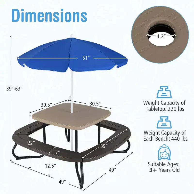 Table de pique-nique pour enfants Costway avec parasol réglable et pliable Bleu/Blanc/Marron