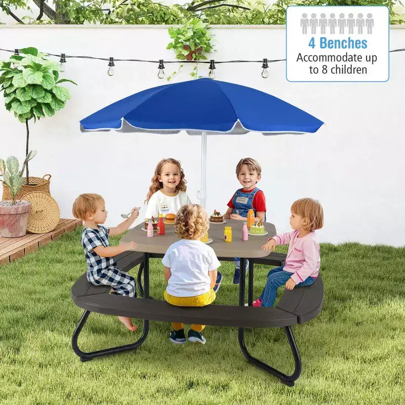 Table de pique-nique pour enfants Costway avec parasol réglable et pliable Bleu/Blanc/Marron