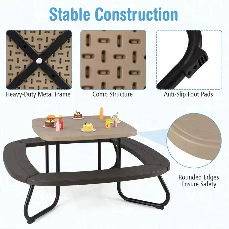 Table de pique-nique pour enfants Costway avec parasol réglable et pliable Bleu/Blanc/Marron