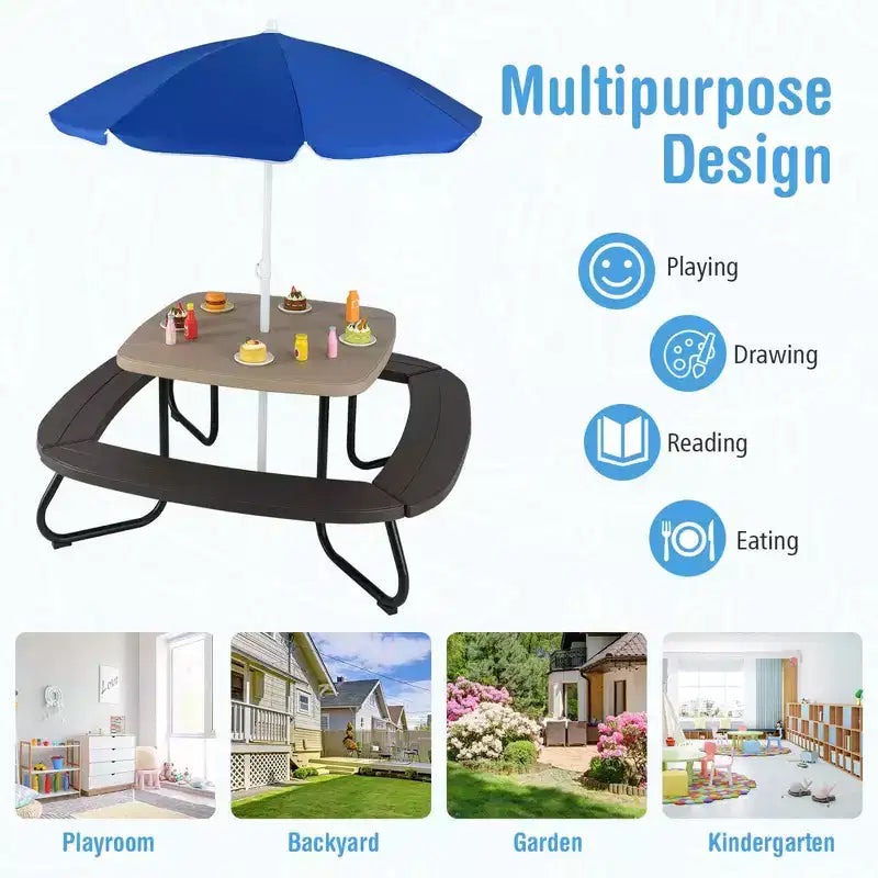 Table de pique-nique pour enfants Costway avec parasol réglable et pliable Bleu/Blanc/Marron