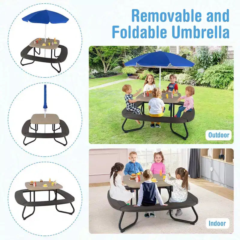 Table de pique-nique pour enfants Costway avec parasol réglable et pliable Bleu/Blanc/Marron