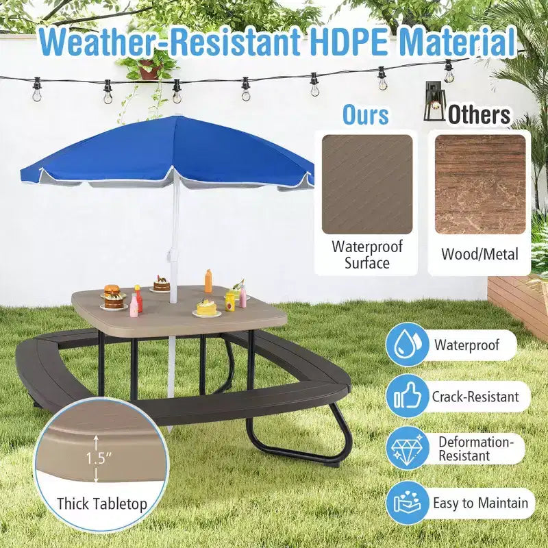 Table de pique-nique pour enfants Costway avec parasol réglable et pliable Bleu/Blanc/Marron