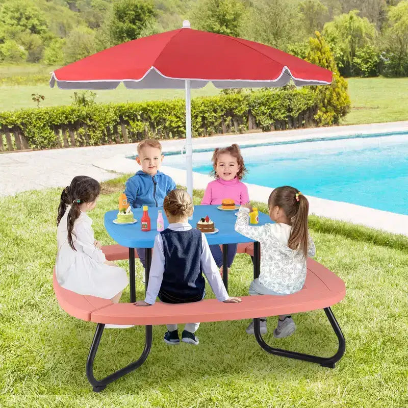 Table de pique-nique pour enfants Costway avec parasol réglable et pliable Bleu/Blanc/Marron