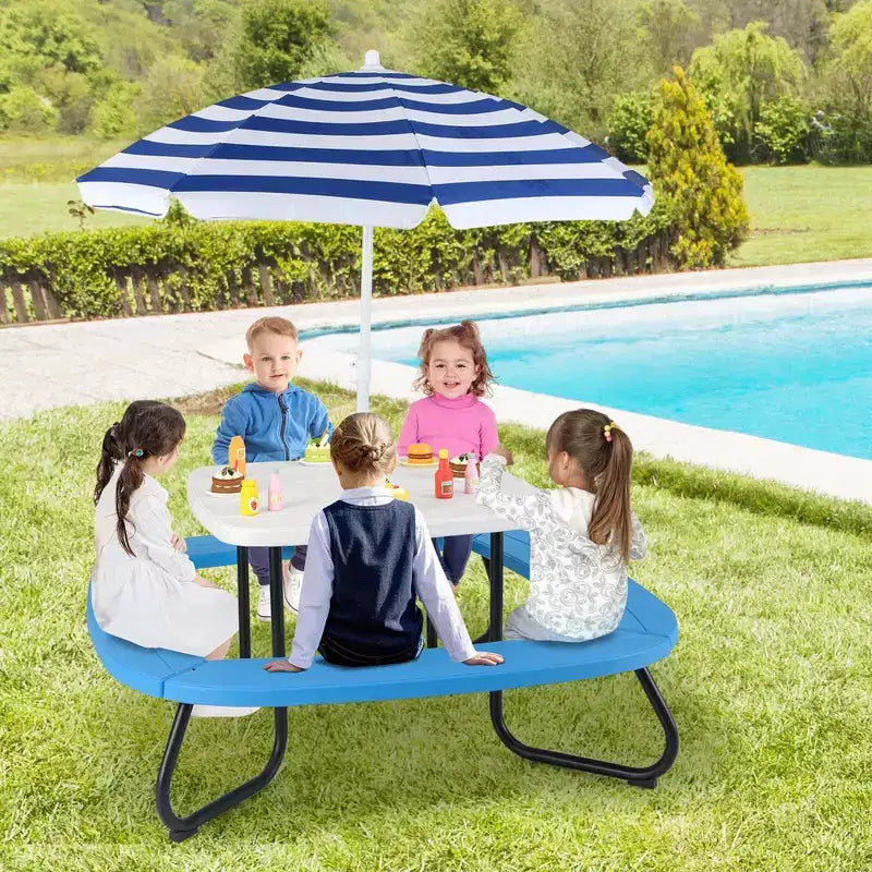 Table de pique-nique pour enfants Costway avec parasol réglable et pliable Bleu/Blanc/Marron