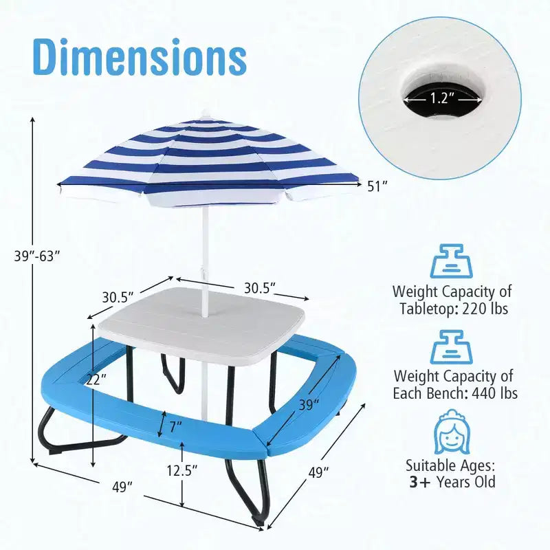 Table de pique-nique pour enfants Costway avec parasol réglable et pliable Bleu/Blanc/Marron