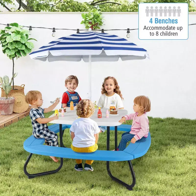 Table de pique-nique pour enfants Costway avec parasol réglable et pliable Bleu/Blanc/Marron