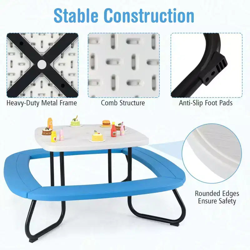 Table de pique-nique pour enfants Costway avec parasol réglable et pliable Bleu/Blanc/Marron