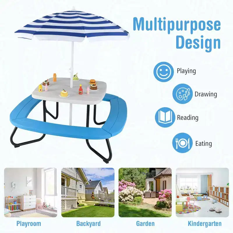 Table de pique-nique pour enfants Costway avec parasol réglable et pliable Bleu/Blanc/Marron