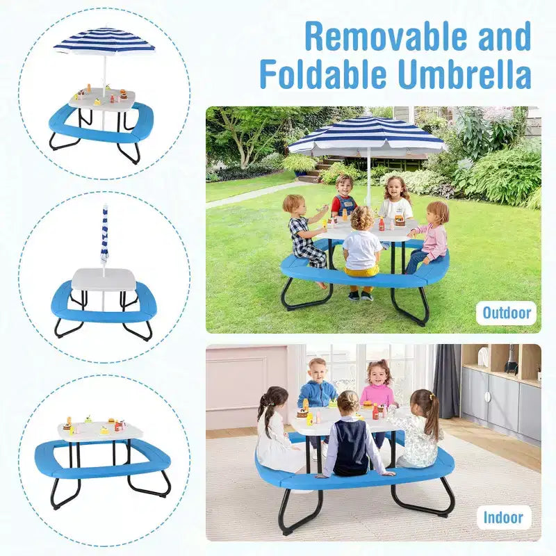 Table de pique-nique pour enfants Costway avec parasol réglable et pliable Bleu/Blanc/Marron