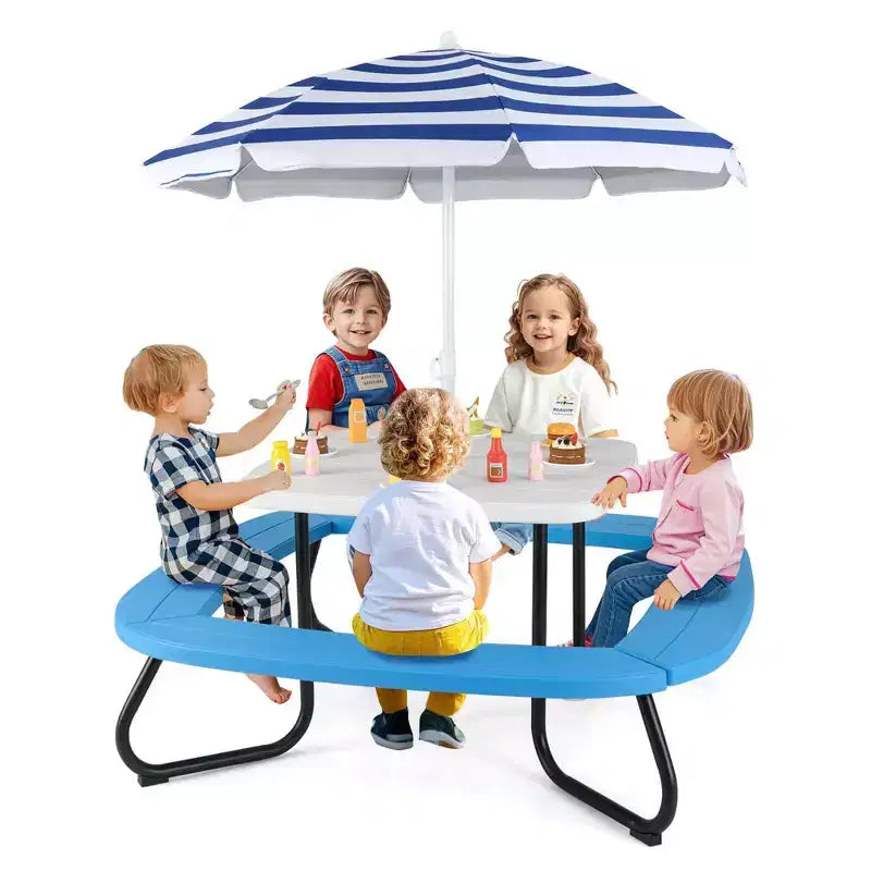 Table de pique-nique pour enfants Costway avec parasol réglable et pliable Bleu/Blanc/Marron